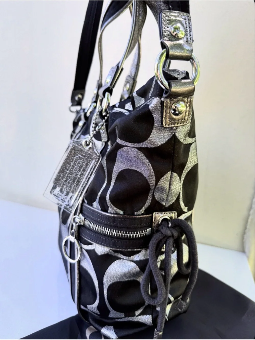 Coach Poppy Metallic Signature Satchel — Glitter Tag + Silver Hangtag + Dust Bag